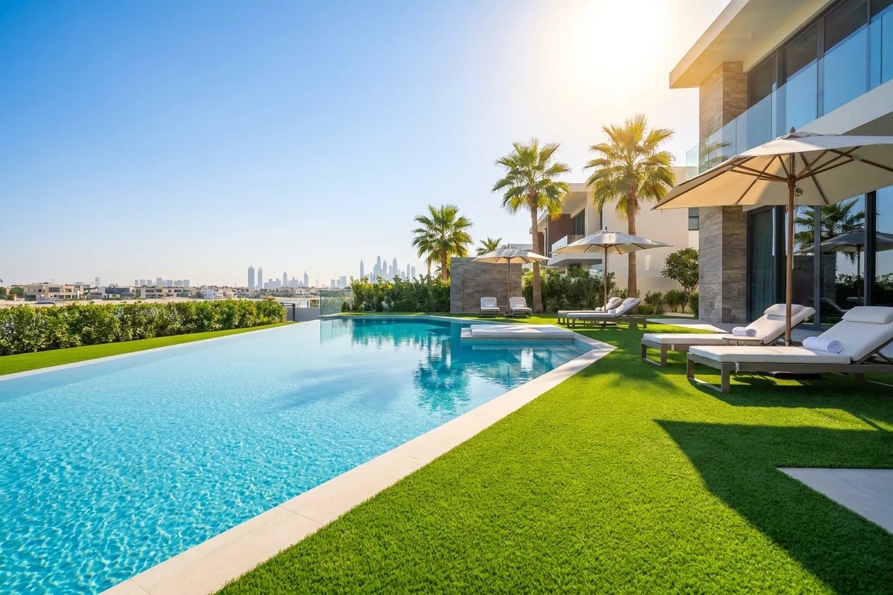 Artificial grass around a swimming pool in Dubai