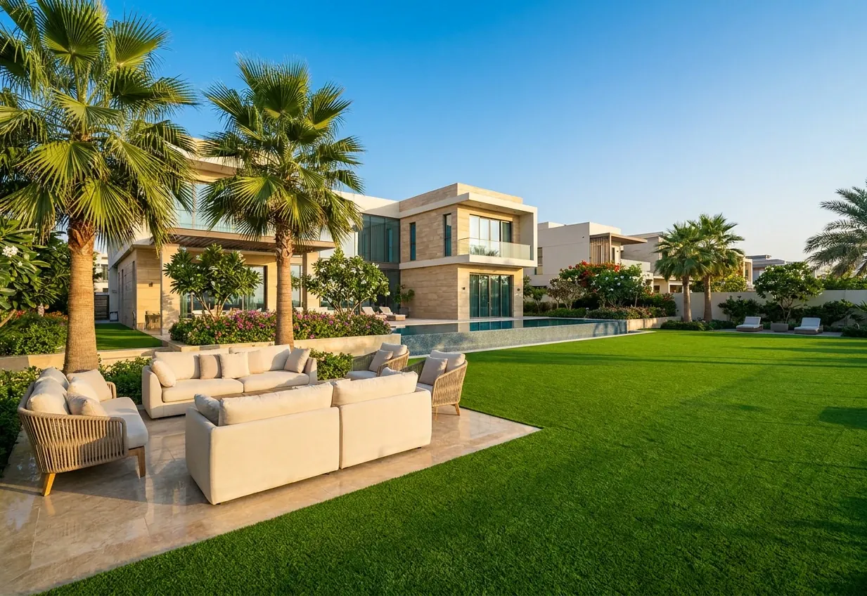 Artificial grass lawn in a Dubai garden with the city skyline behind