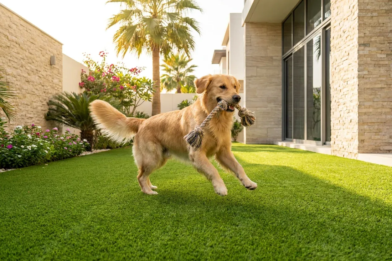 Pet-friendly artificial grass garden with a dog in Dubai