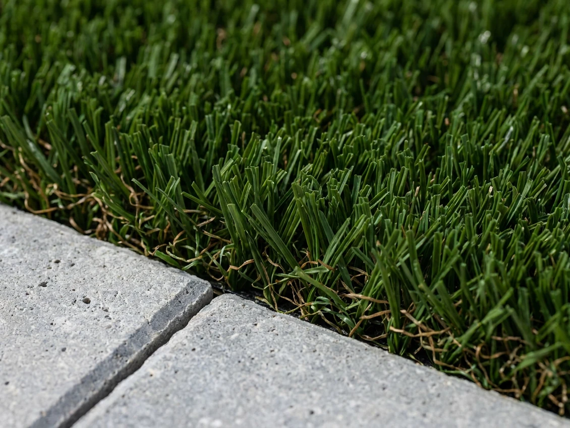 Close-up of artificial grass meeting paving in a Dubai villa